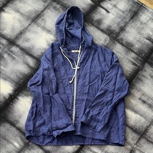 Flax Blue Linen Zip Hoodie/Jacket with White Accents, size L